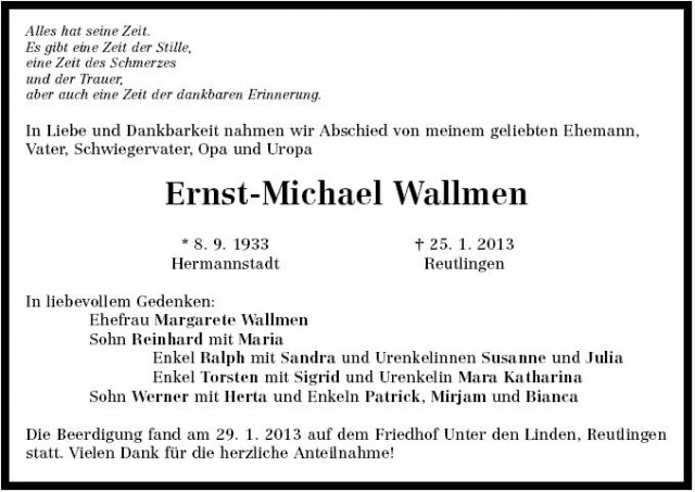 Wallmen Ernst 1933-2013 Todeanzeige